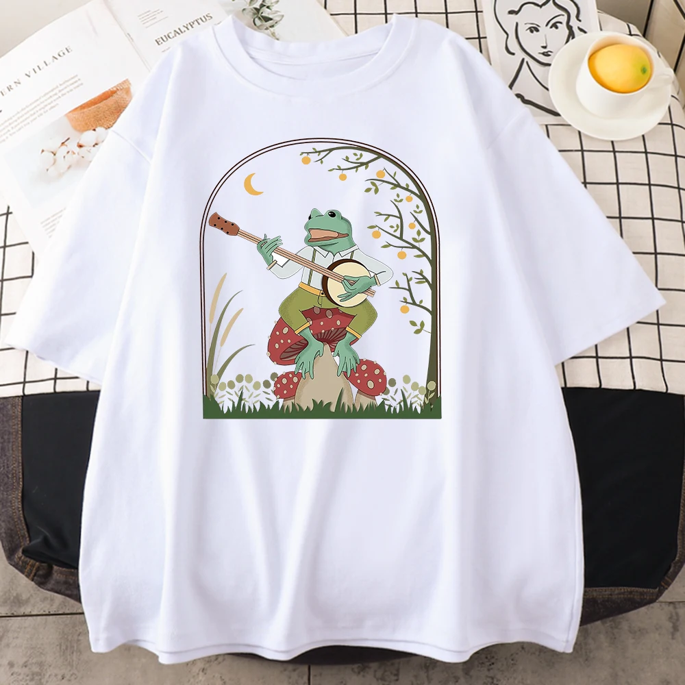 Cottagecore Aesthetic Frog Playing Banjo On Mushroom Cute Vintage Male T Shirt Cotton Oversize Tee Clothes Summer Anime T-Shirts