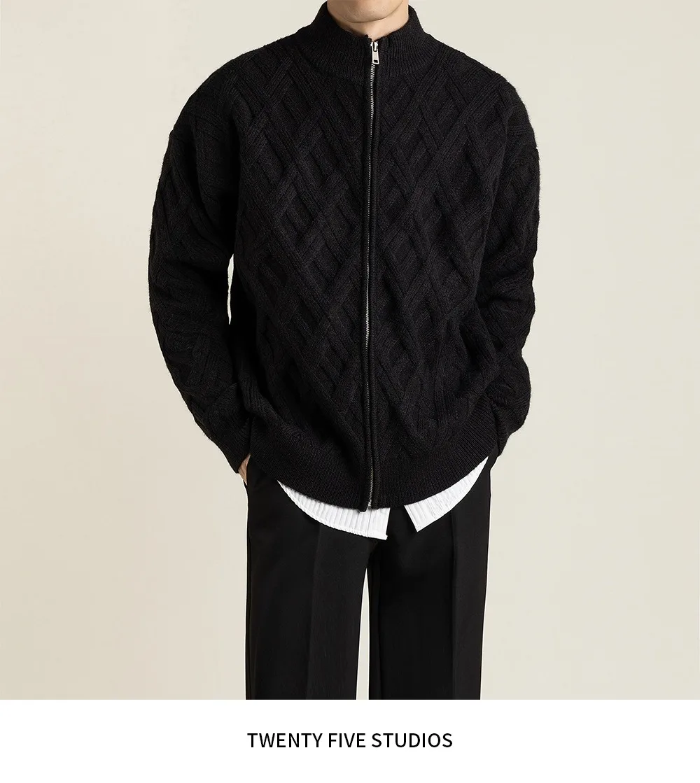

Stand up collar cardigan zipper knitted jacket men's spring and autumn new style high-end diamond grid sweater jacket