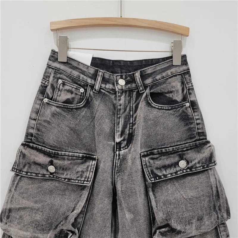 Washed Do Old Multi Pocket Cargo Shorts Men and Women Calf Length Pants American Street Loose Straight Denim Cropped Pants