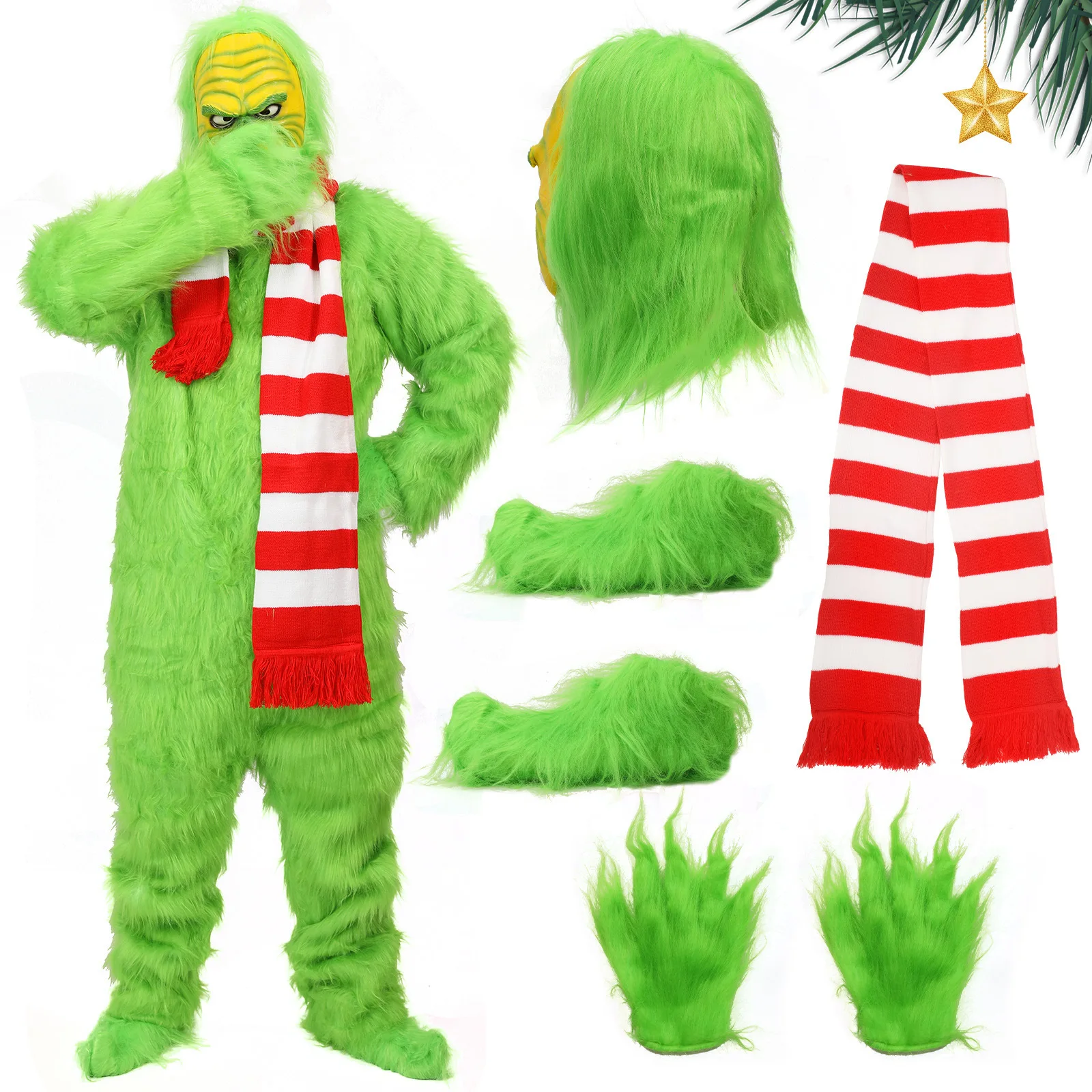 Grünes Fell-Monster Cosplay-Kostüm Grüne Grinch-Kleidung Maske Maskerade Karnevalskleidung für Party Halloween Weihnachten