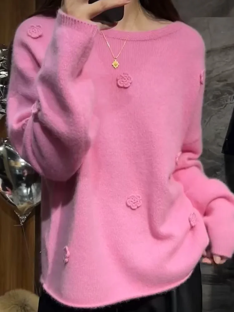 

Корейский свитер с круглым вырезом и цветочным узором, осенняя новинка, большие размеры, модный, универсальный, стройнящий топ, теплый, с длинными рукавами