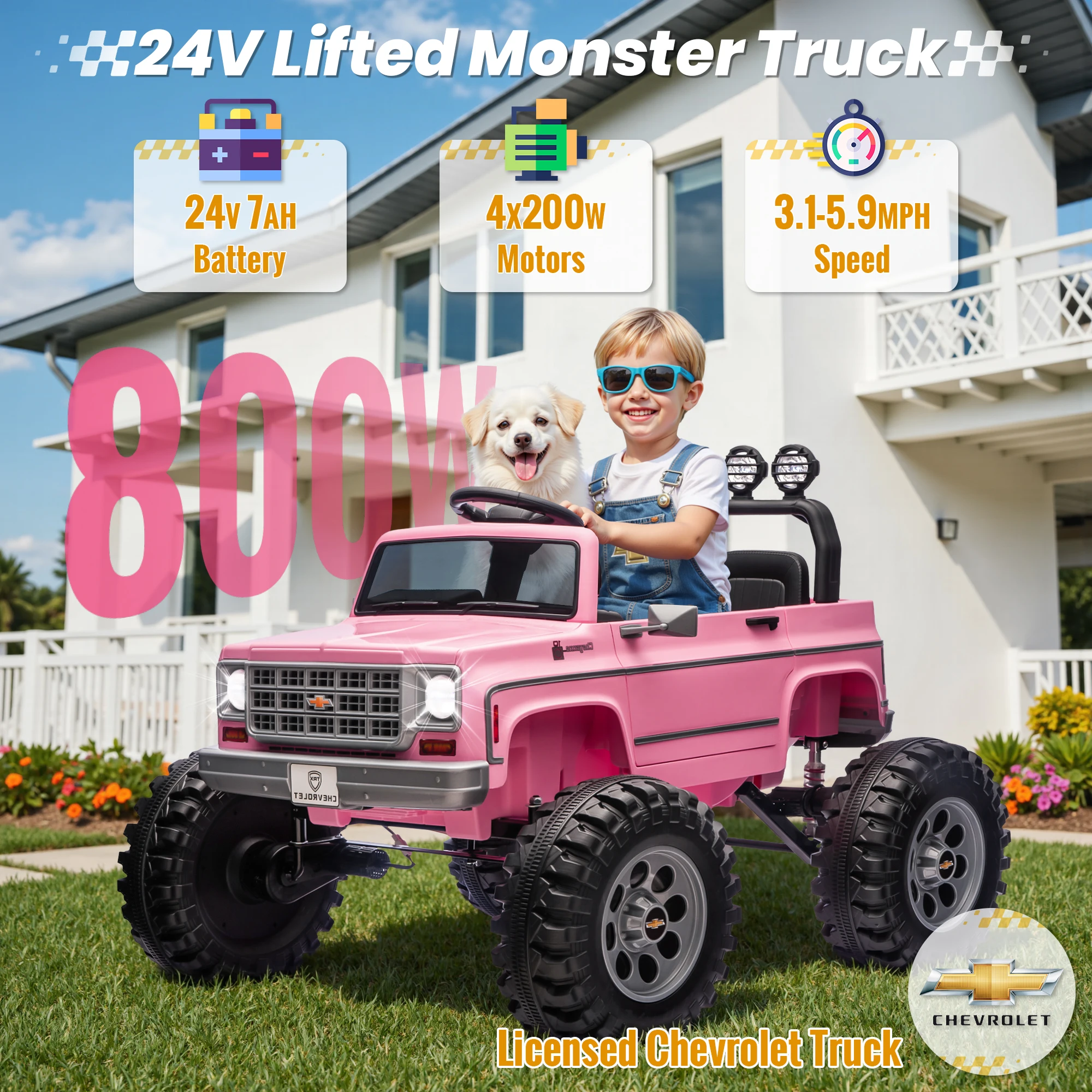 ركوب 24 فولت على السيارة، شاحنة شيفروليه شيان مرخصة مع محرك/4X200 وات، جهاز تحكم عن بعد، غاسل للديكور، ركوب 24 فولت على الألعاب Pow