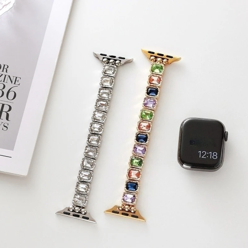 Square Colorful Diamond Elastic Band for Apple Watch Strap 41mm 45 40 44 42 46 38 49mm Bracelet iWatch Series 11 10 9 8 7 6 5 4