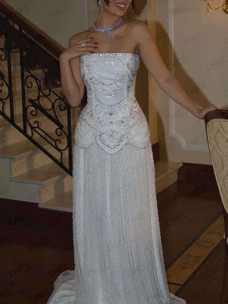 Weiße Luxus-Abendkleider, trägerlos, ärmellos, A-Linie, Ballkleid, Hochzeit, Empfang, Abschlussfeier, maßgeschneidert