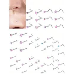 6Pcs Pink Nose Studs Nose Rings 20G L Corkscrew Bone Nose Ring Stud Stainless Steel Nose Screw Studs Nostril Piercing Jewelry