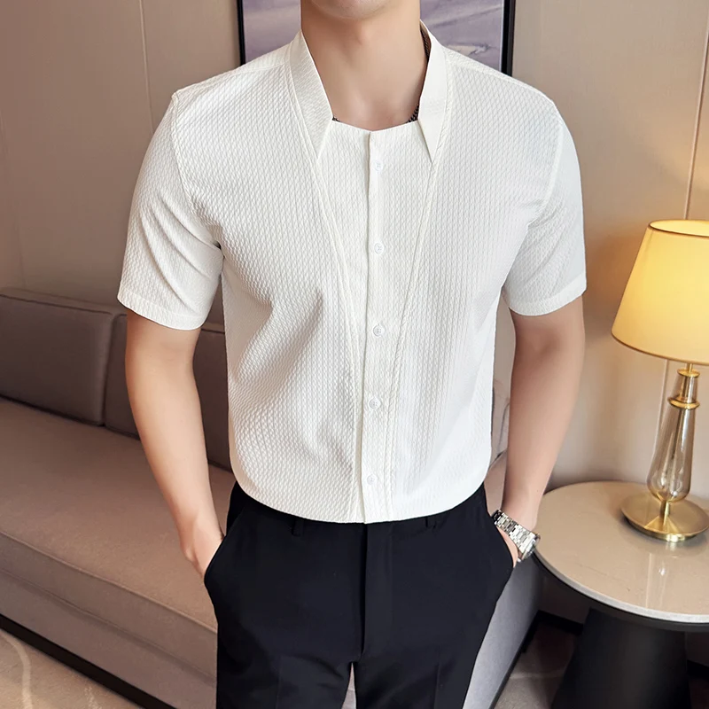 2025 Summer Stand Up Collar Short Sleeved Shirt Men Business Casual Fashion No Ironing Shirt Personalized Design Men Clothing