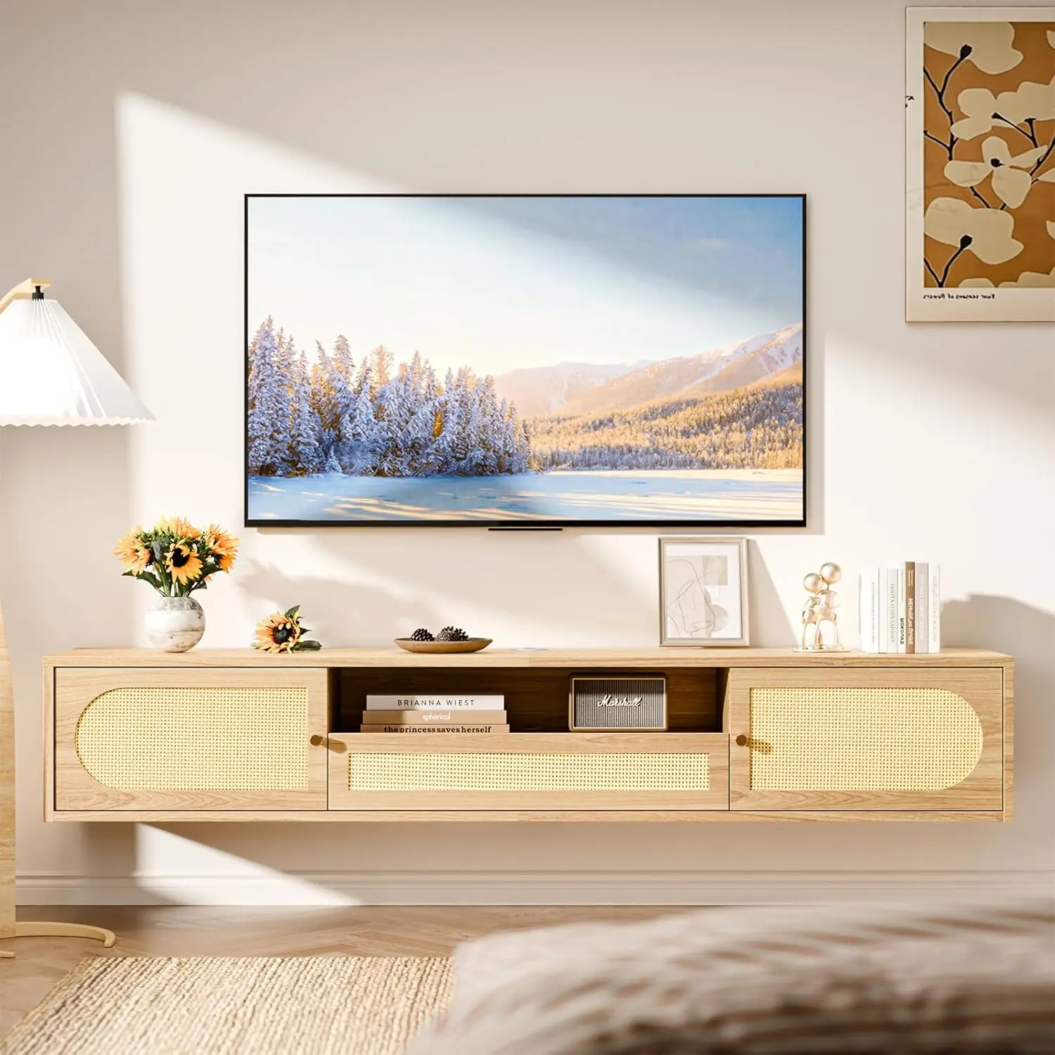 

58" Rattan Wall Mounted TV Stand with Storage Drawer & Cabinet Shelf for Living Room Natural Oak, Customized