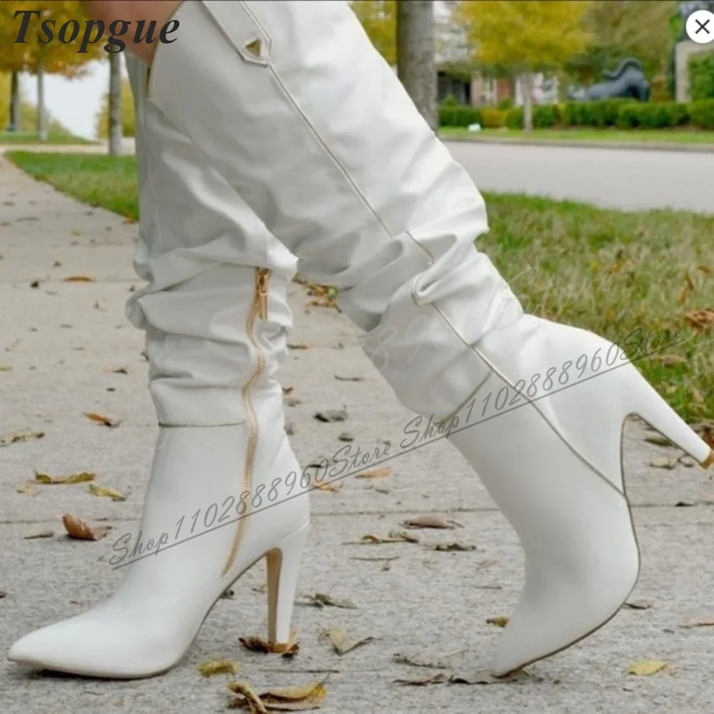 أنيقة الركبة عالية الأبيض مطوي الأحذية الجلدية سبايك أحذية عالية الكعب للنساء الجانب سستة أشار تو 2024 Zapatos Para Mujere