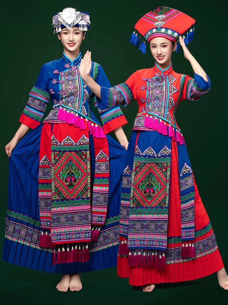 

Женская этническая одежда Tee March: Национальные сценические костюмы для выступлений, наряды народностей джуан из Гуанси, костюмы народности мяо из Юньнани