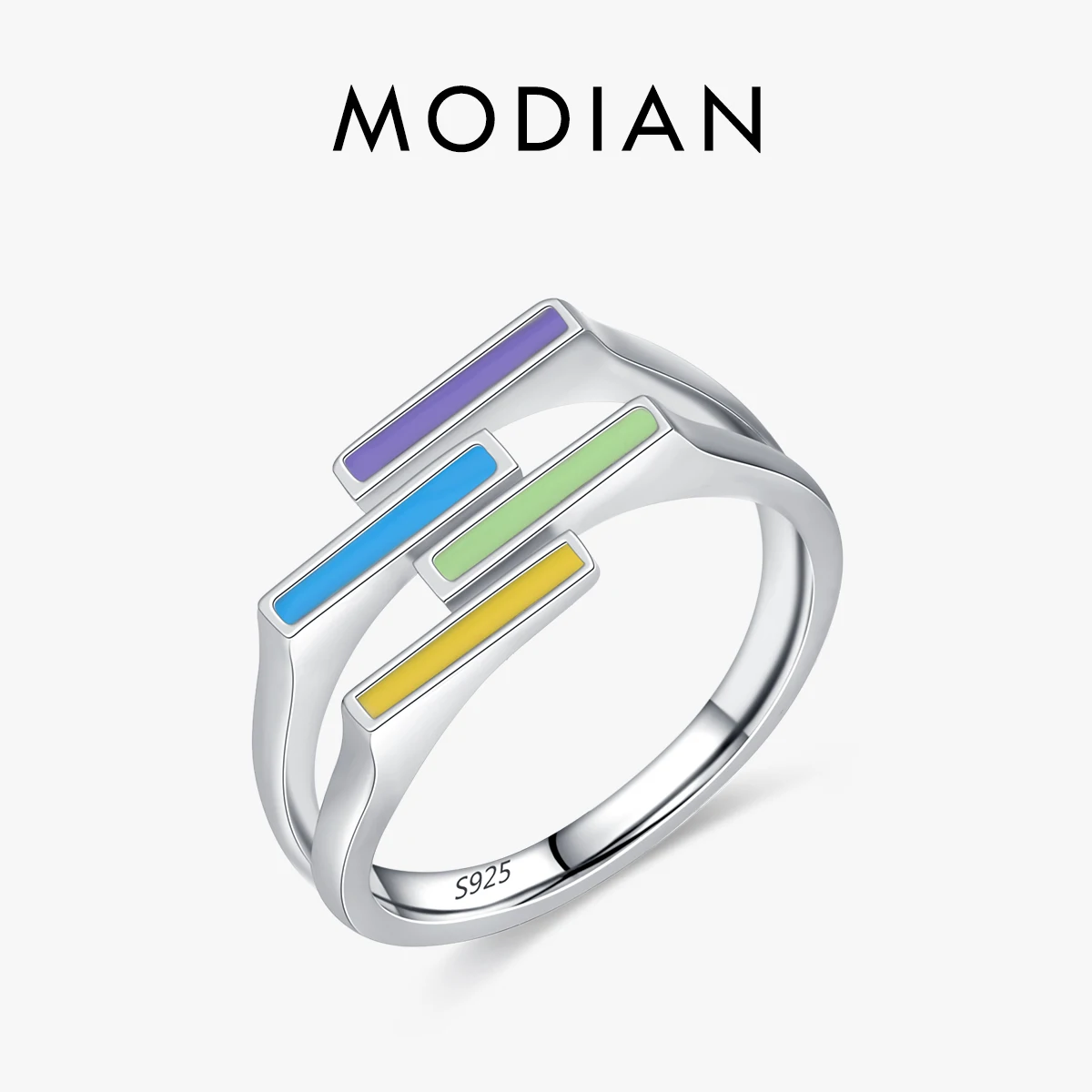 MODIAN New Design Pure 925 Sterling Silver Rainbow Color Enamel Strip Finger Ring Simple Geometric Ring For Women Fine Jewelry