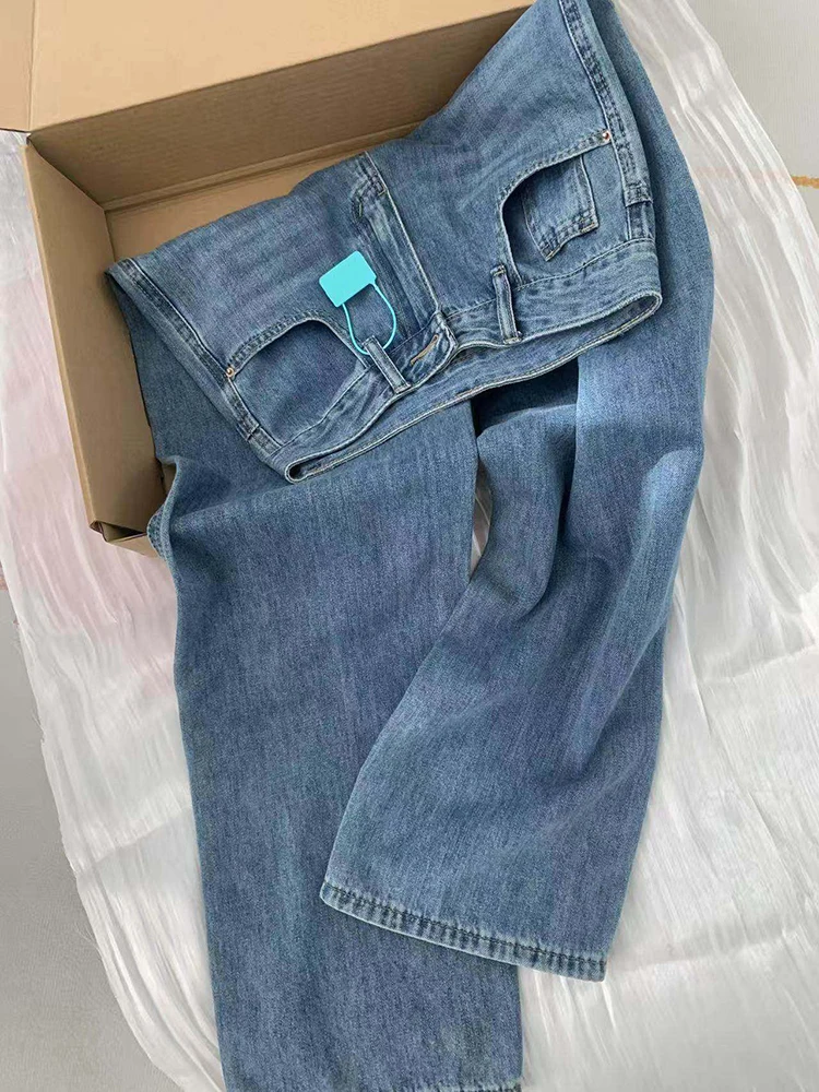 

Spring New Women's Blue Straight Jeans Fashion Casual All-Match High Waist Wide Leg Trousers Classic Retro Loose Denim Pants