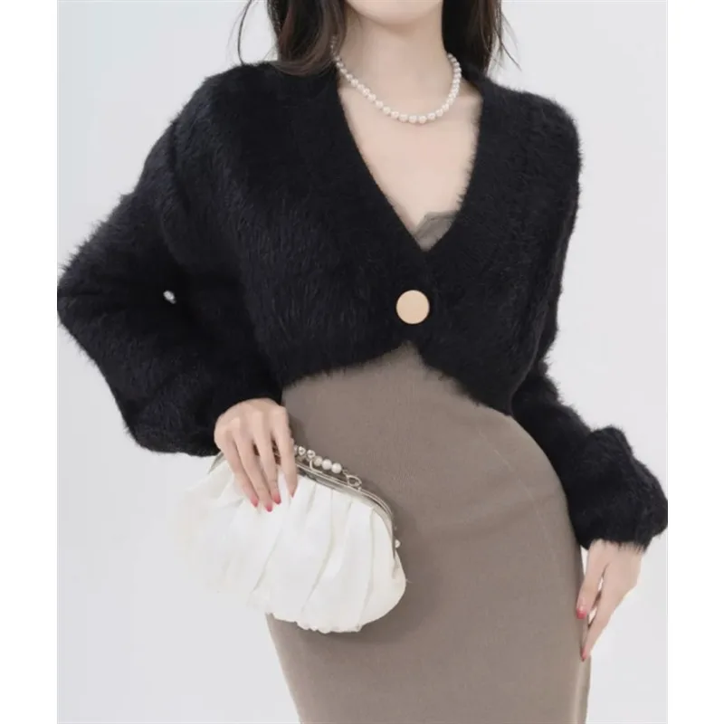 

Короткий однотонный вязаный кардиган с v-образным вырезом на одной пуговице из искусственного норкового меха, весна-осень, корейское модное женское пальто в уличном стиле