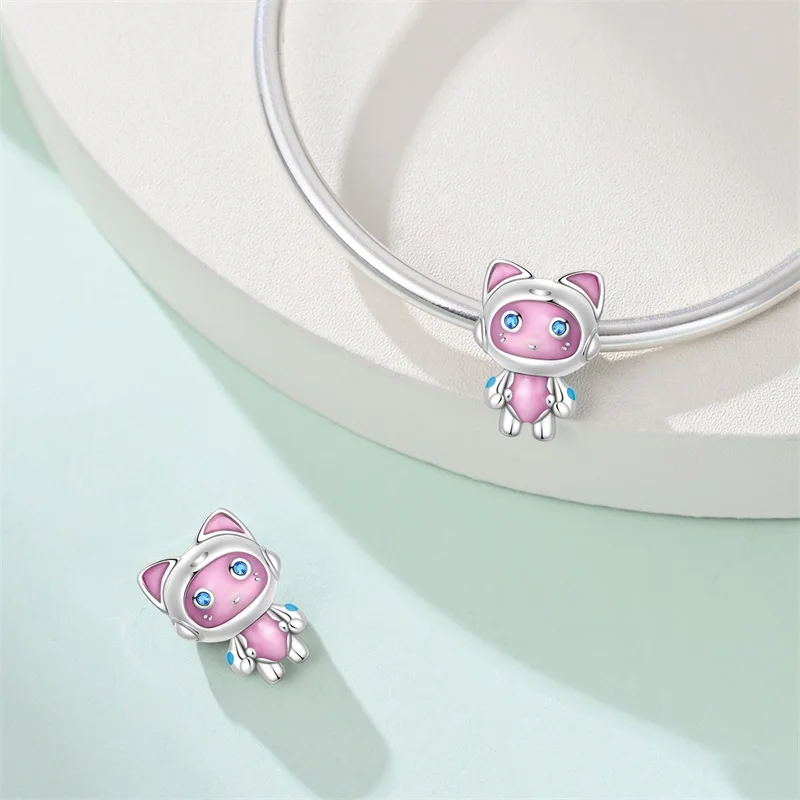 

925 Sterling Silver Sparkling Mechanical Cat CZ Zircon Charms Beads For Women Fit 3mm Original Bracelet DIY Party Jewelry Gifts