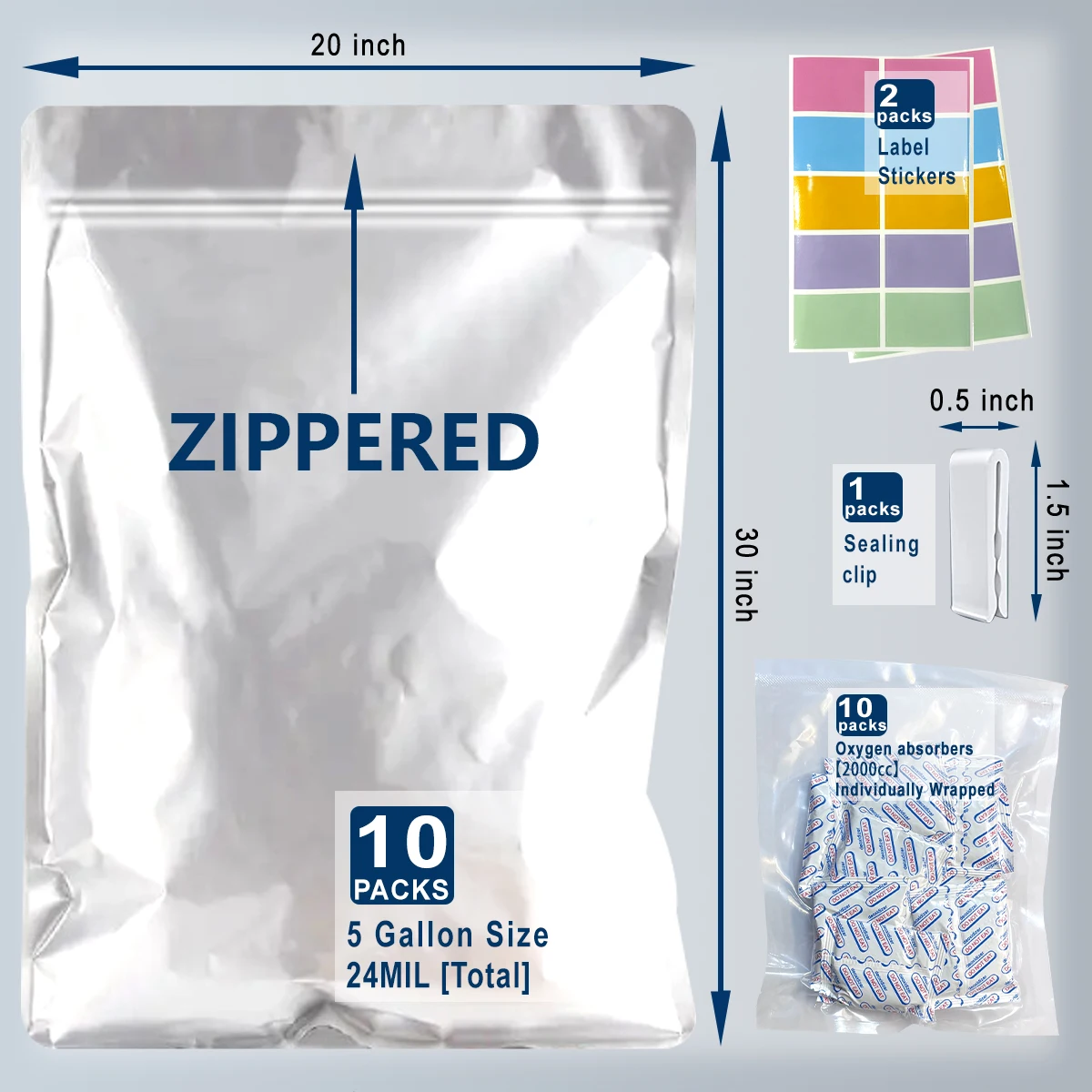 10pcs 2/4/5 Gallon Mylar Zipper Bags Food Storage 12 Mil Thick Mylar Bags with Oxygen Absorbers 2000cc Ziplock Resealable Bags