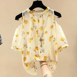 Sweet O-Neck Printed Off Shoulder Floral Chiffon Blouses Female Clothing 2024 Summer New Loose All-match Tops Korean Shirts