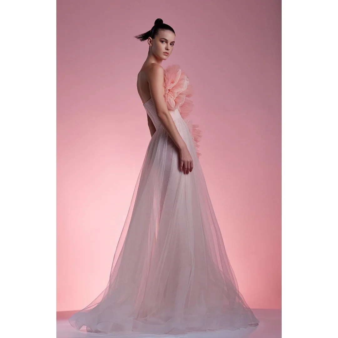 فساتين سهرة مخصصة رشيقة من التل على شكل حرف a مكشكشة ومطرزة صدفي بدون أكمام ذيل لوحة وسحاب خلفي للحفلات الراقصة #2