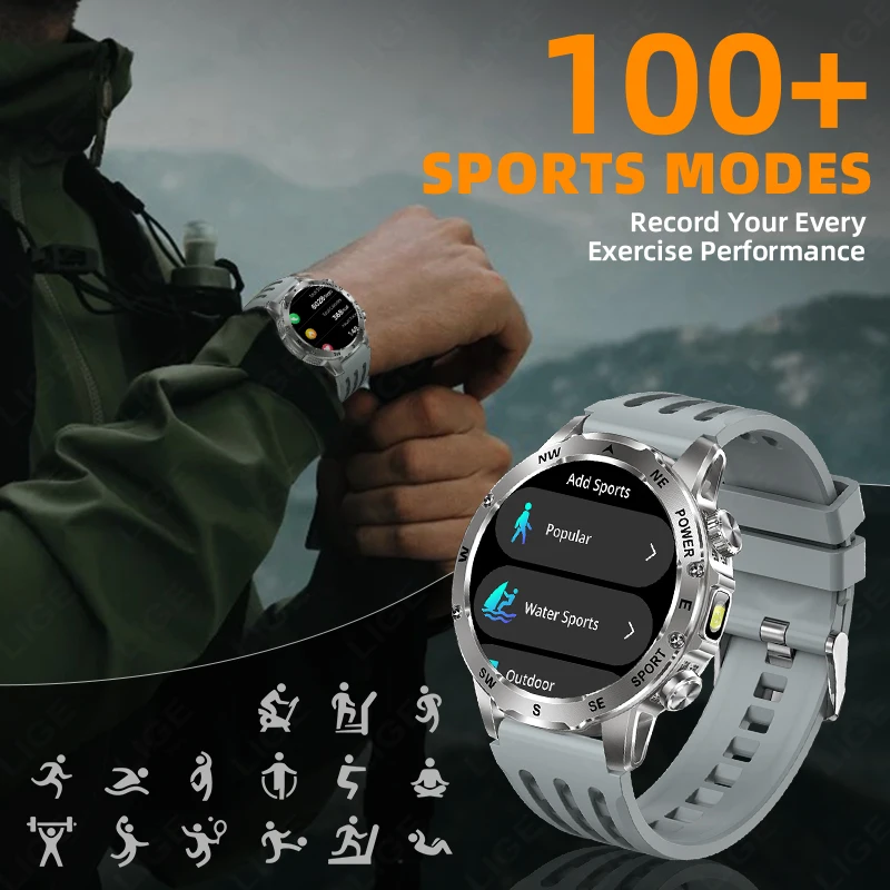 LIGE Smart Watch For Men Bluetooth Call 800mAh Large Battery Heart Rate Health Monitor IP68 Waterproof Compass Smartwatches 2025