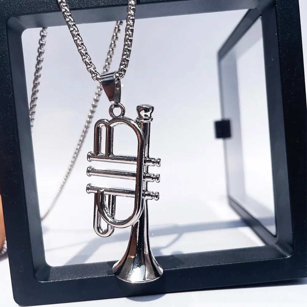 Metal Trumpet Necklace Mens Alloy Silvery Instrument Pendant Necklaces Long Chain Chokers Men\'s Rock Band Jewelry Charms Gifts