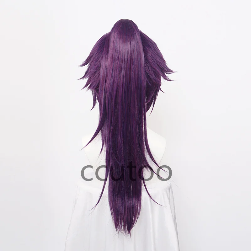 Shihouin Yoruichi Cosplay Perucas, fibra de alta temperatura, cabelo sintético, roxo misto longo Chip rabo de cavalo, peruca Cap