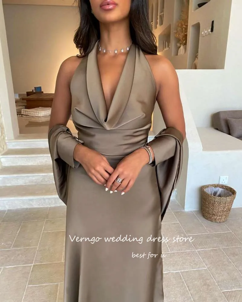 Verngo 2023 Brown Satin Saudi Arabic Evening Party Dresses Long Jacket Halter Backless Prom Dress Formal Occasion Simple Gowns