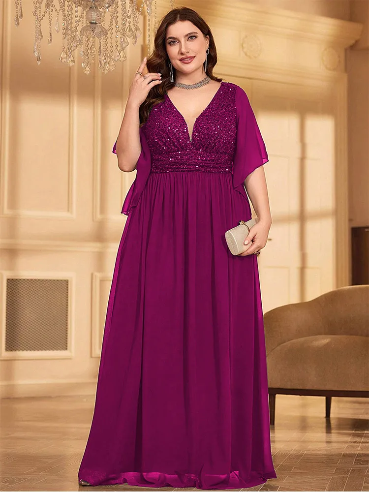 Plus Size Chiffon V-Neck Sequined Bridesmaid Evening Dress 4xl5xl Big Size Wedding Banquet Luxury Floor-Length Evening Dress