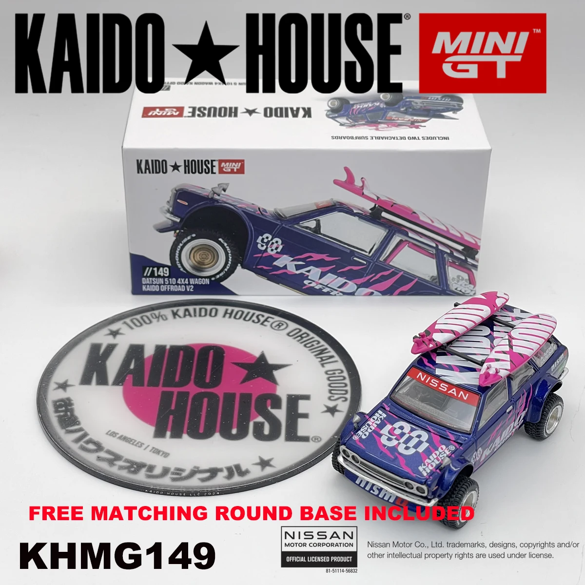 Kaido House x Mini GT 1:64 JDM Datsun 510 Street V3 510 Pro 4x4 Wagon KHMG138 KHMG161 KHMG229, modelauto met een openbare motorkap, gemaakt van metaal.