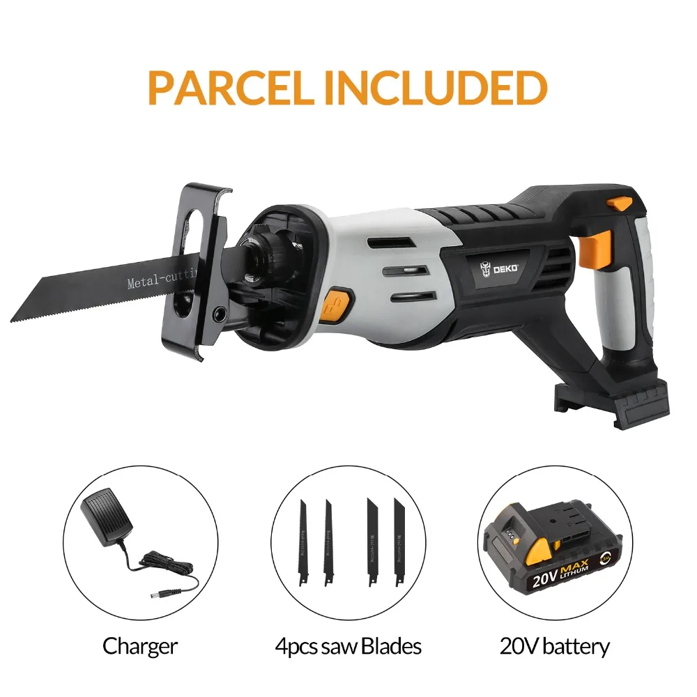 DEKO 20V Cordless Reciprocating Saw Adjustable Speed with Battery and 4 Pieces Blades Power Tools