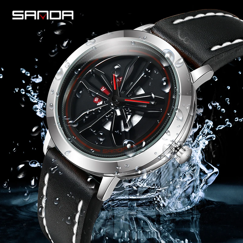 SANDA P1010 Concept Dial Modeified Car Watch for Men Wheel Hub Rotating Quartz Wristwatch Fashion Sports Male Clock Reloj Hombre