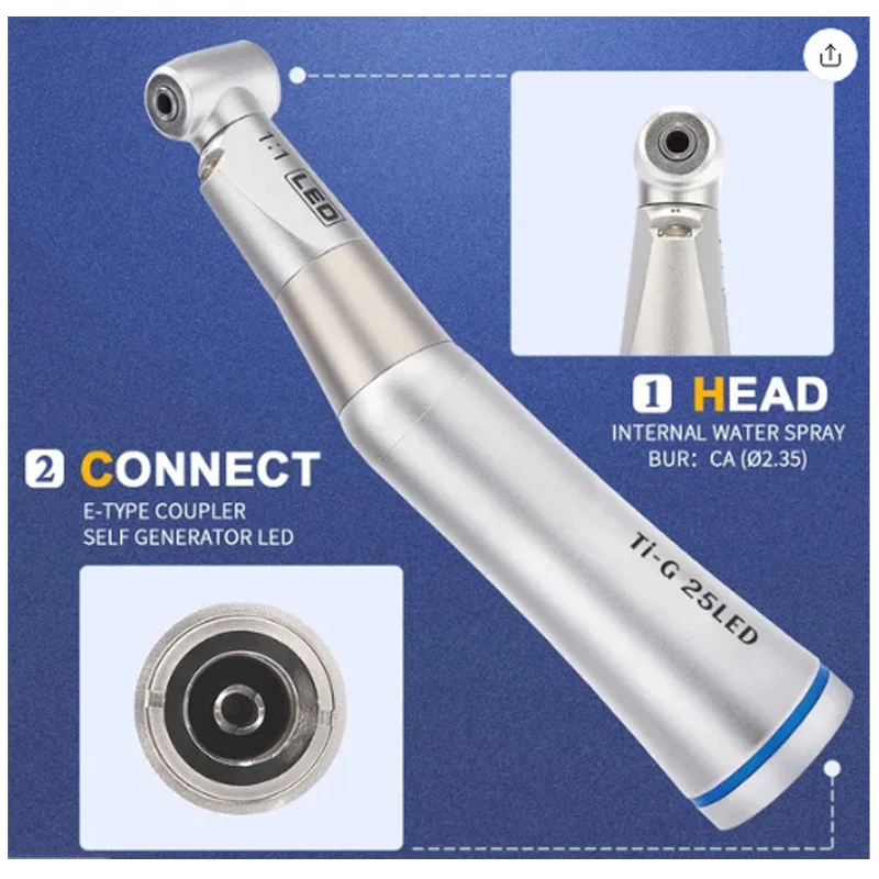 Dental blue ring 1:1 contra angle LED self generator low speed handpiece burs single water connect with electric air micromotor