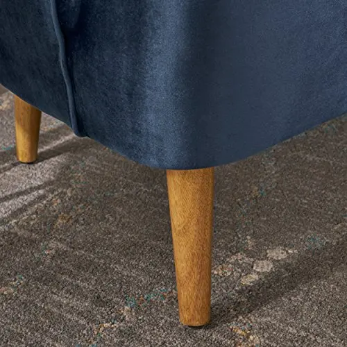 

Velvet Upholstered Club Chair In Deep Blue With Natural Wood Legs, Mid-Century Design