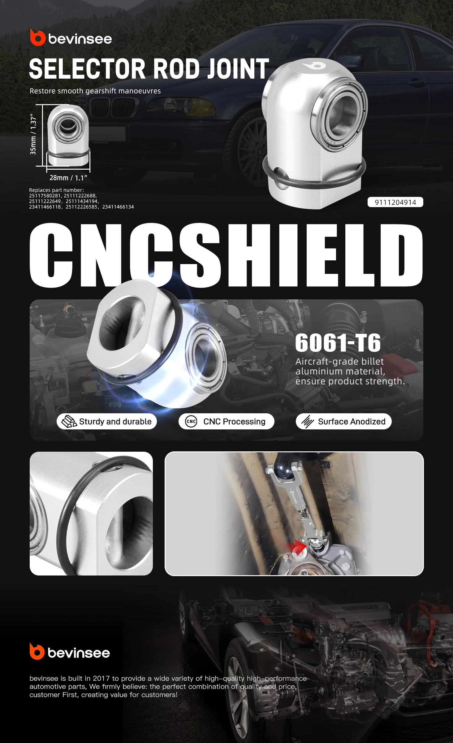 BEVINSEE Schaltgetriebe-Wählhebel-Upgrade für BMW F30 F31 E90 E92 E46 E36 E93 E60 F10 E39 E87 E82, Ersatz für 25117580281 – Detail 2