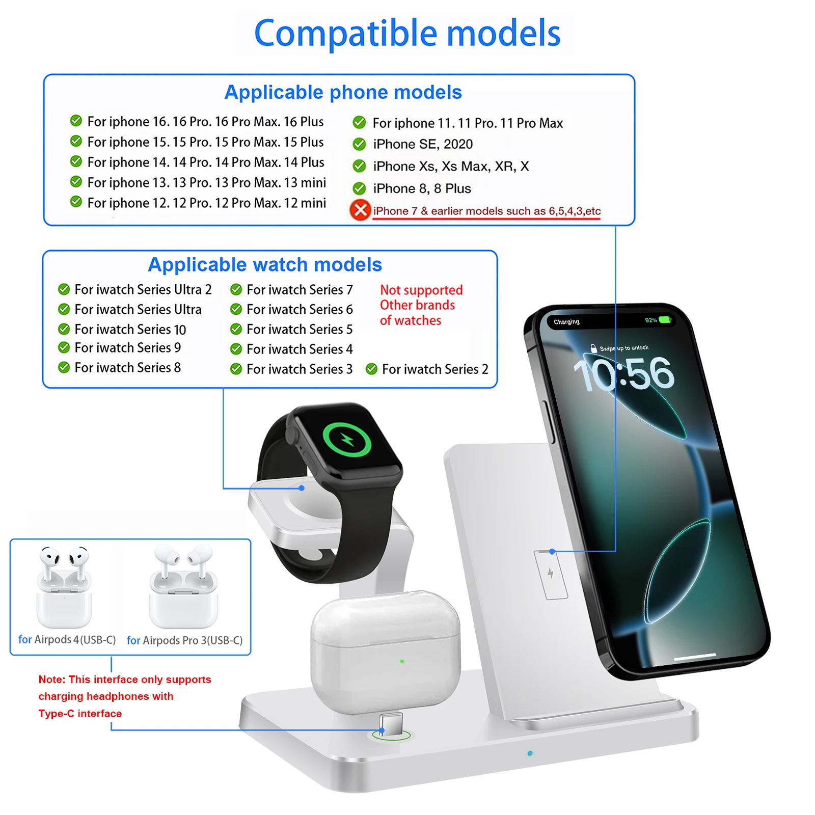 3 in 1 Wireless Charger For iPhone 16 15 14 13 12 Pro Max Fast Charging Dock Station For iWatch 10 9 8 Airpods 3 Induction Stand