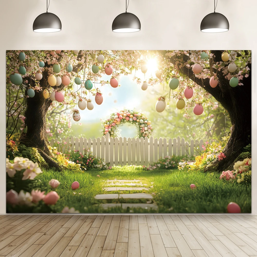 부활절 장식 정원 계란 배경 용수철 울타리 벚꽃 나무 다채로운 계란 바구니, 아이 초상화 배경 사진 스튜디오