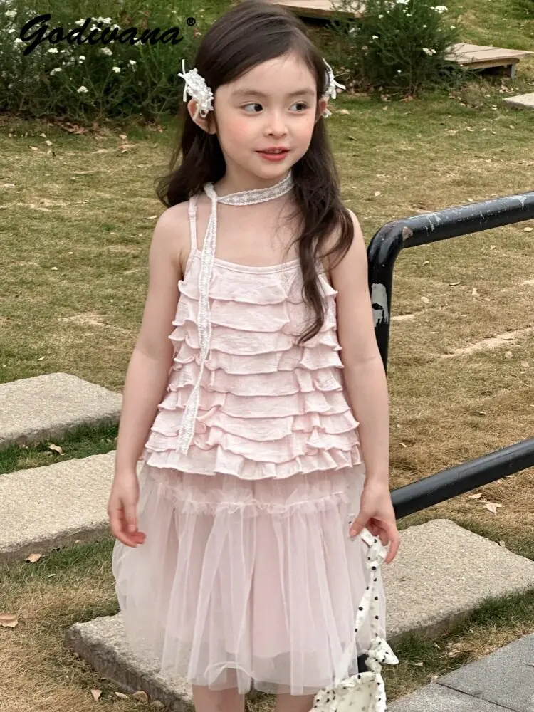 Sweet Baby Girls 2026 Summer New Pink Princess Two Pieces Set Childrens Cute Ruffle Trim Suspender Vest and Mesh Puffy Skirt