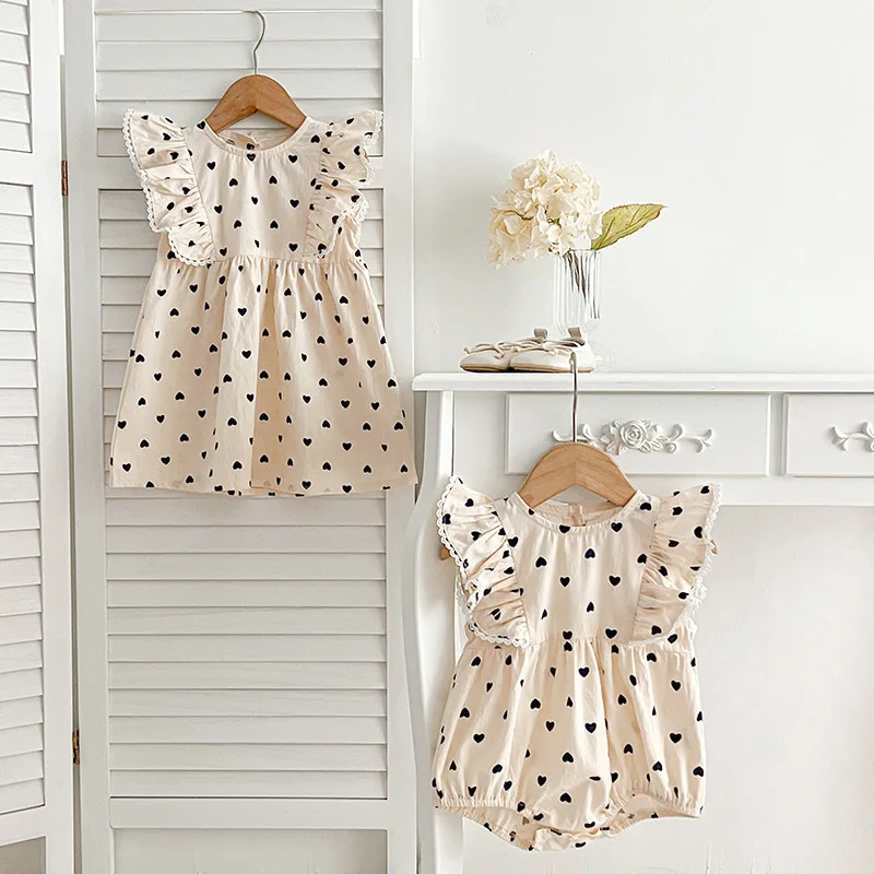 Roupas de irmã verão meninas coração impressão vestido criança o-pescoço uma linha vestidos bebê manga voadora bodysuit roupas infantis do bebê