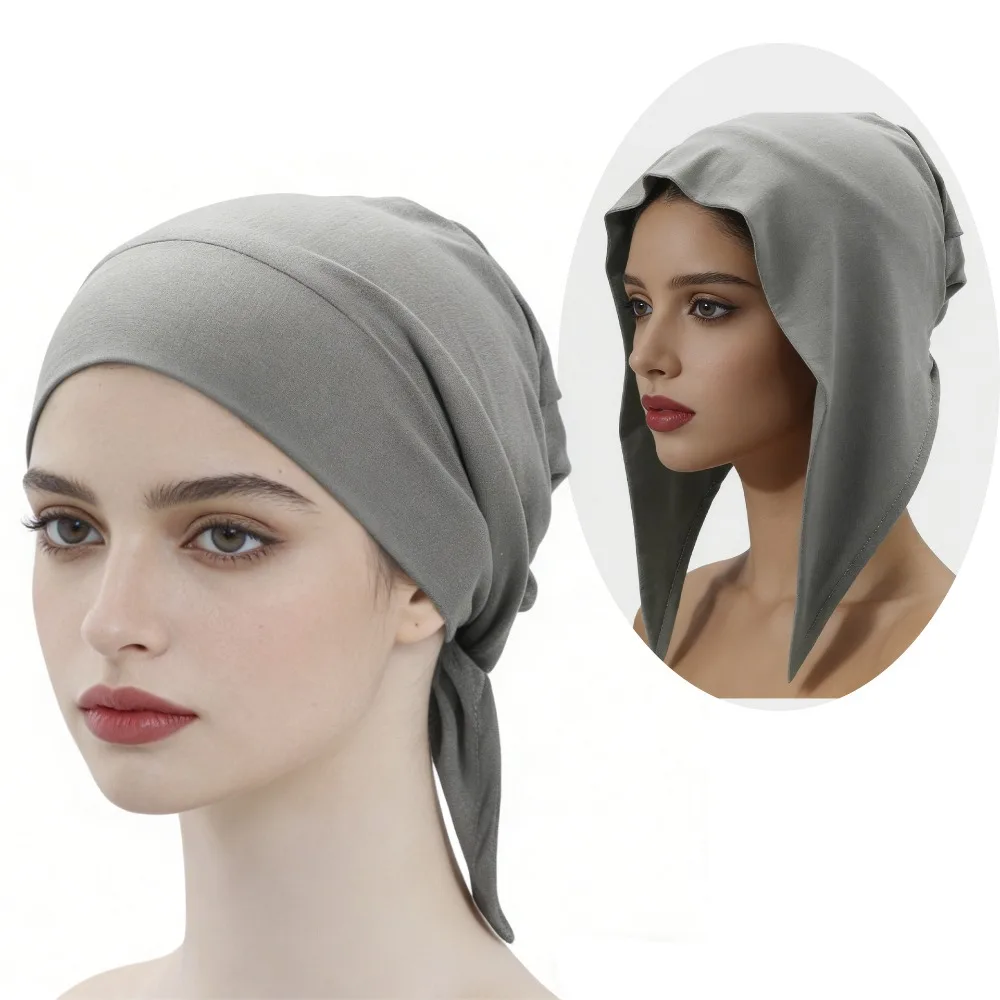 Women'S Solid Color Knitted Lace Up Muslim Headscarf Ding Modal Elastic Base Hat Autumn And Winter Triangular Scarf Headband