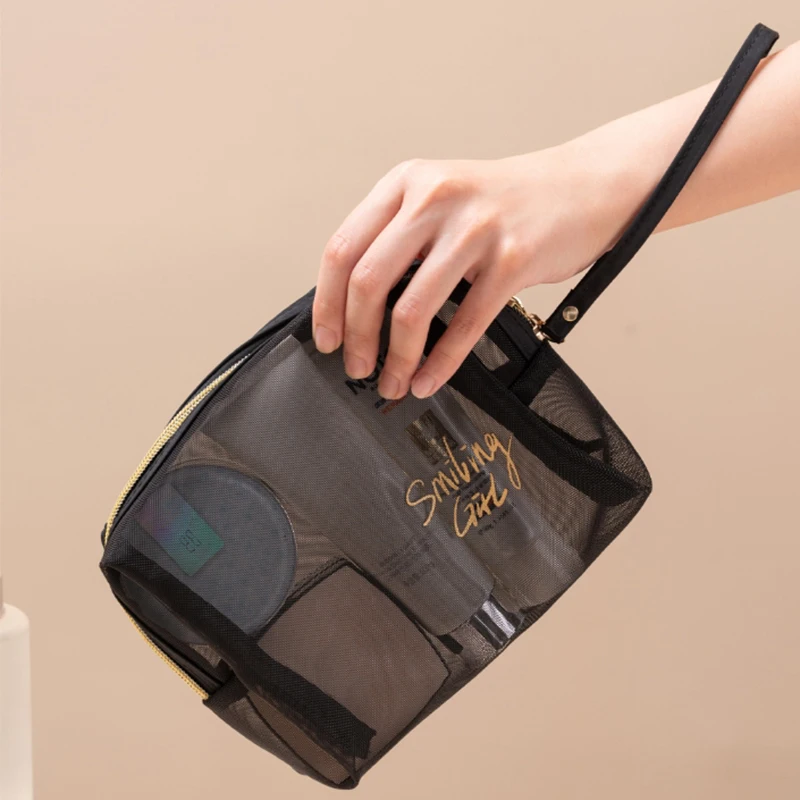 Custodia per trucco in rete nera di grande capacità Custodia per organizer Borse per il lavaggio da toilette con cerniera casual Borsa per cosmetici