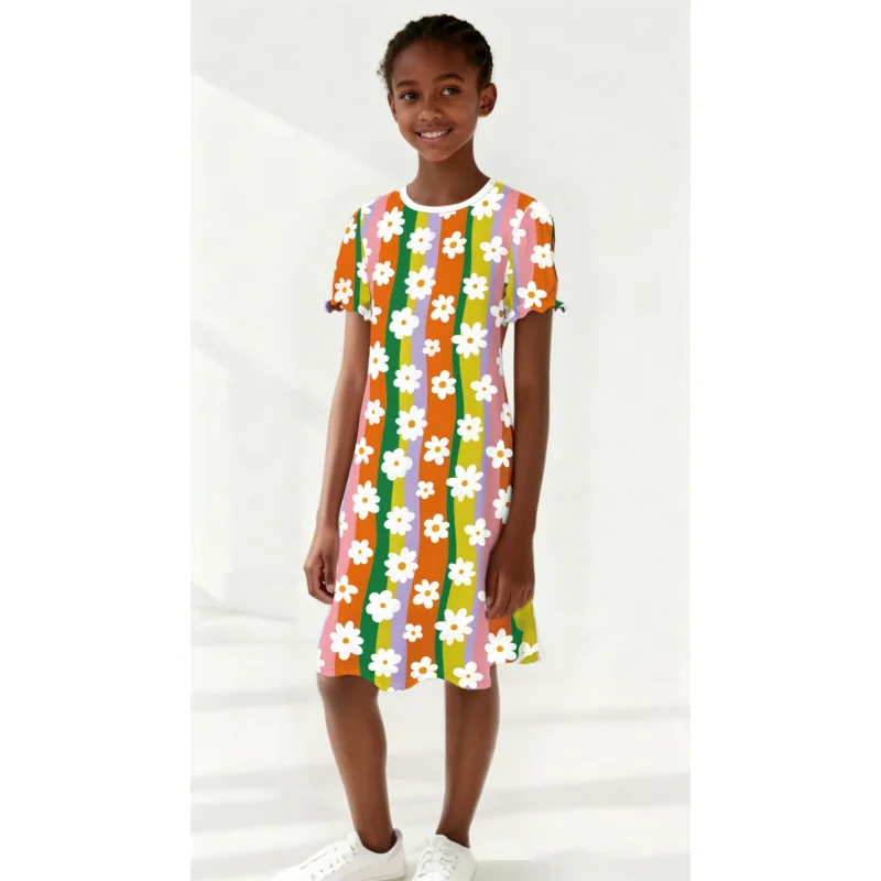 

Girls Rainbow Striped Flower Dress 2026 Fashion Casual Lightweight Dress for Girls