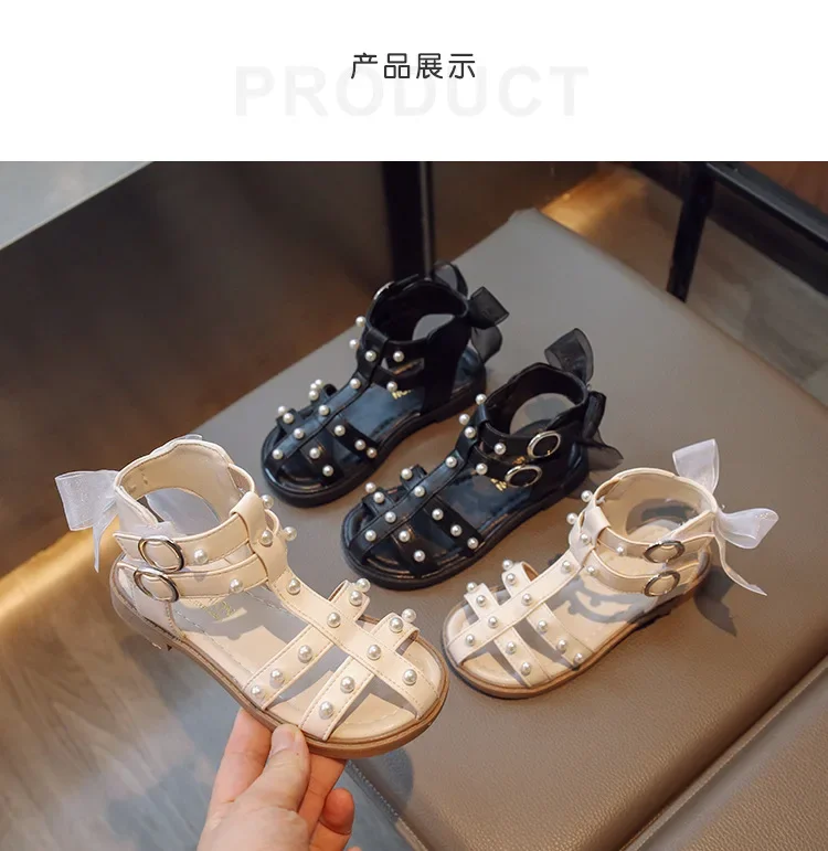 2024 Summer New Soft Roman Style Kids Shoes Non-slip Bow Hook & Loop Peep-toe Princess Shoes for Party Wedding Children Casual