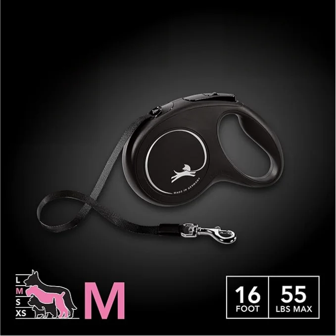 New Classic Nylon Tape Retractable Dog Leash Padded Quick Release Medium Dogs 55 Lbs. 16 Ft. Black | Tangle Free