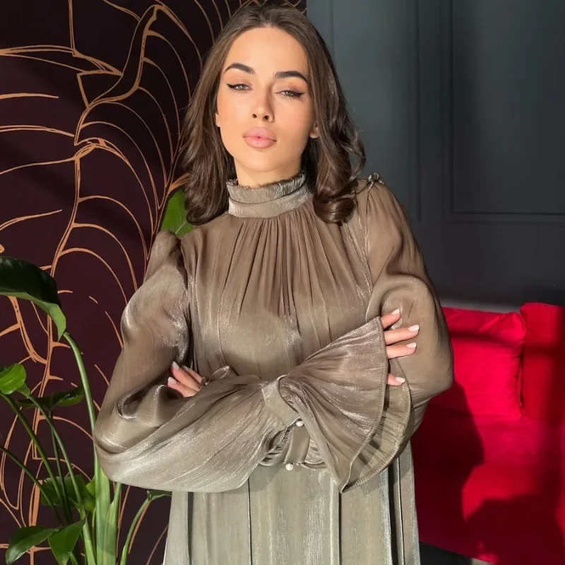 

Dubai Party Dress Lace-up Muslim Dresses for Women Eid Ramadan Abaya Islam Clothing Woman Solid Color Bright Fabric Robe