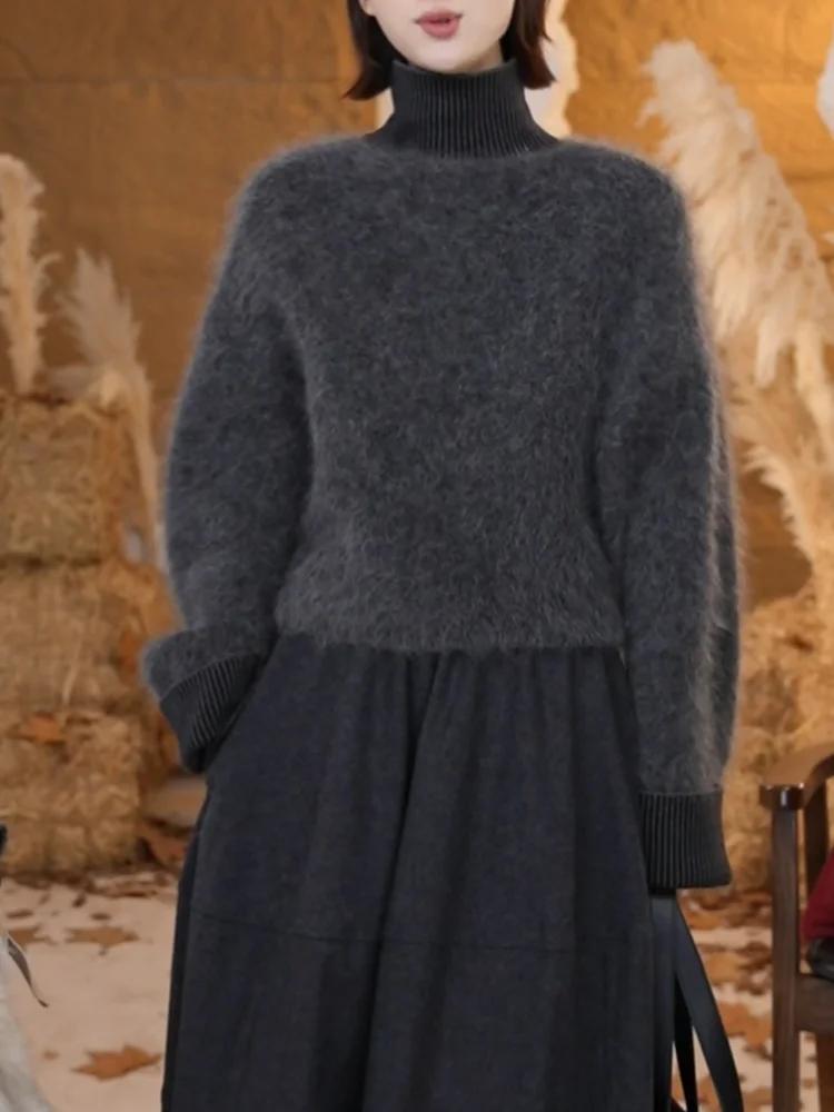 

Свободный женский свитер с высоким воротником, мягкий, уютный, вязаный, стройнящий, универсальный топ для осени 2025, удобный, в корейском стиле, для повседневной носки