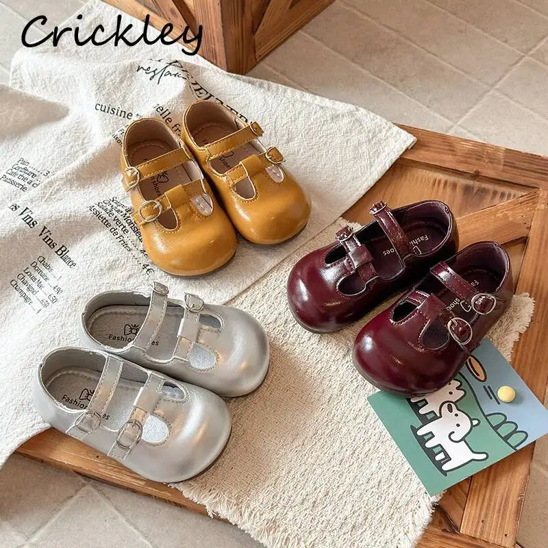 Solid Buckle Kids Flats Shoes Spring Autumn PU Leather Casual Girls Princess Shoes Hook Loop Anti Slip Soft Children Mary Janes