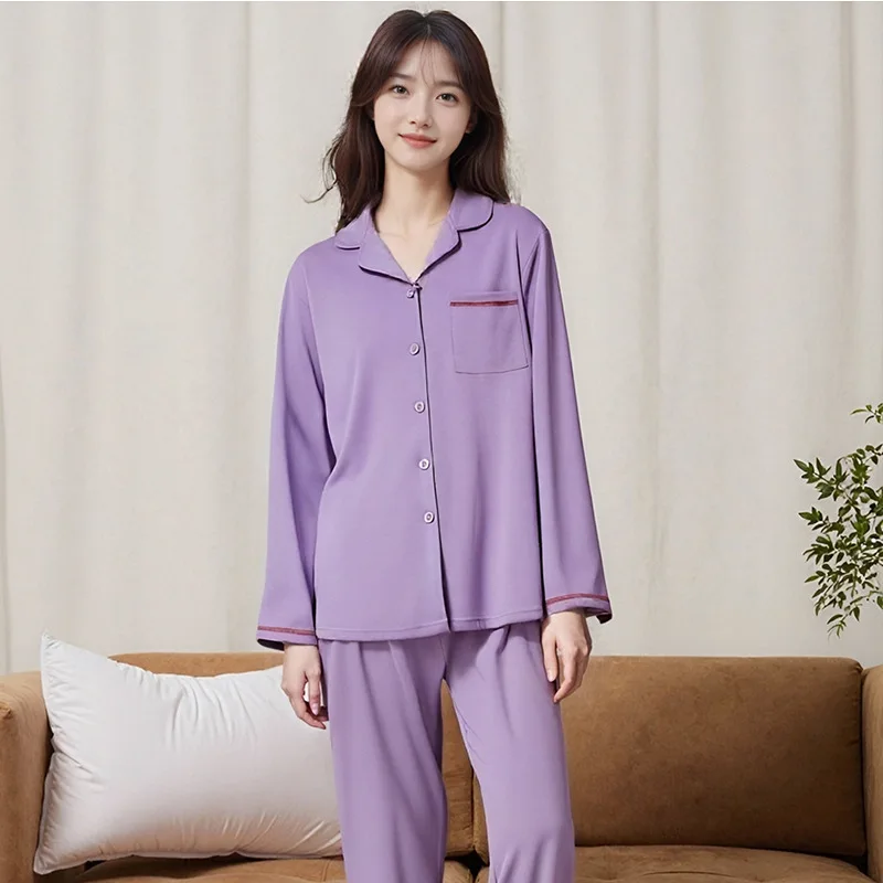 

Весенне-осенние женские повседневные пижамные комплекты, женский мягкий хлопковый костюм для сна, женская рубашка и брюки с отложным воротником и длинными рукавами