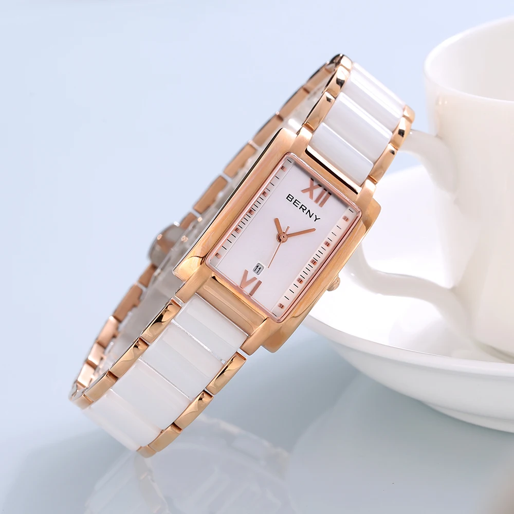 BERNY Women\'s Watches Calendar Date Elegant Classic Rectangle Ceramics Quartz Ladies Watch Luxury TANK Fashion Women Wristwatch