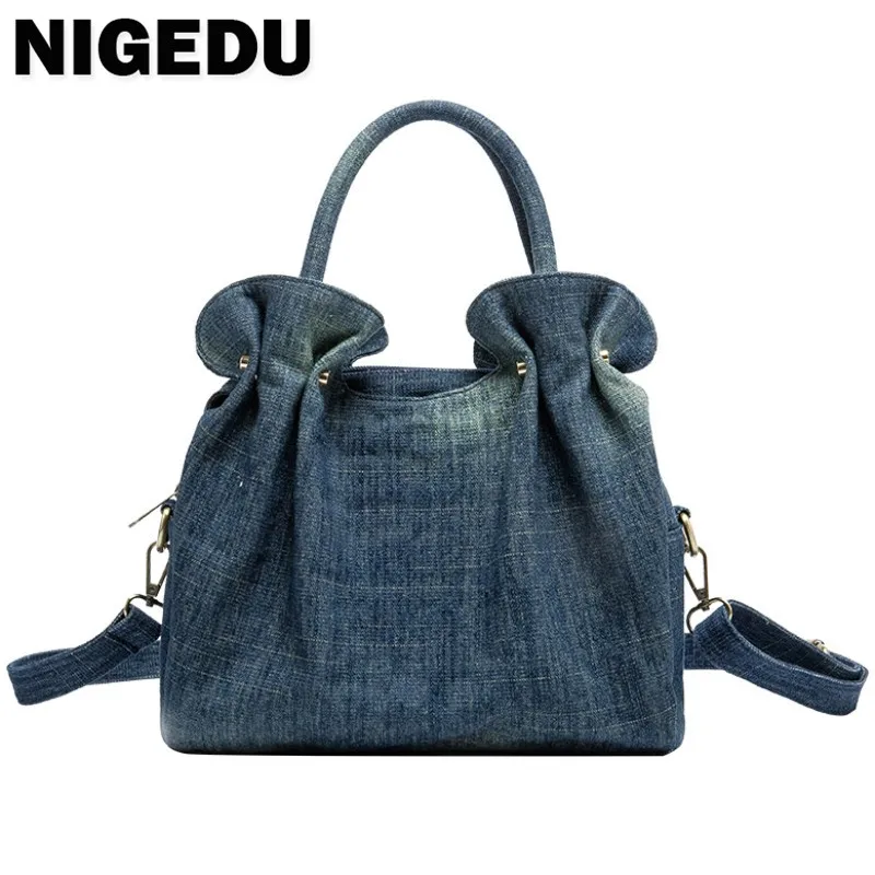 Borsa da donna arricciata alla moda borsa a tracolla da donna in Denim da pendolarismo tasche Multiple design di lusso femminile grandi Totes blu