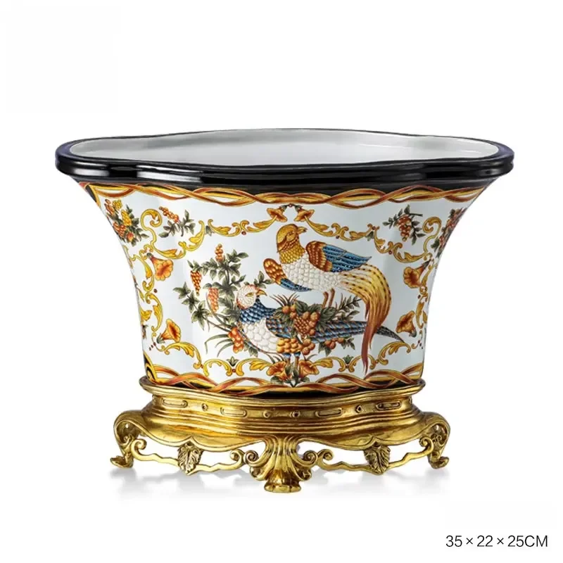 Eastern aesthetic copper and porcelain room study room painted-gold bird-pattern flowerpot for enhancing the style as a