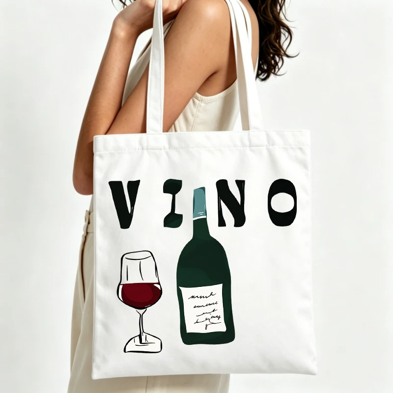 Women's wine bottle and glass print canvas tote bag with typography design, ideal for casual outings and daily use