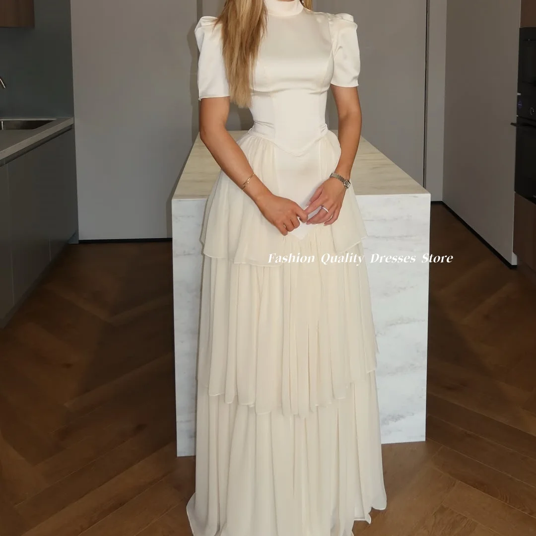 Evening Dress Women High Neck Puff Sleeve A Line Gown Cream Satin Chiffon Multi Layer Ruffle Long Formal Party DressesCustomized