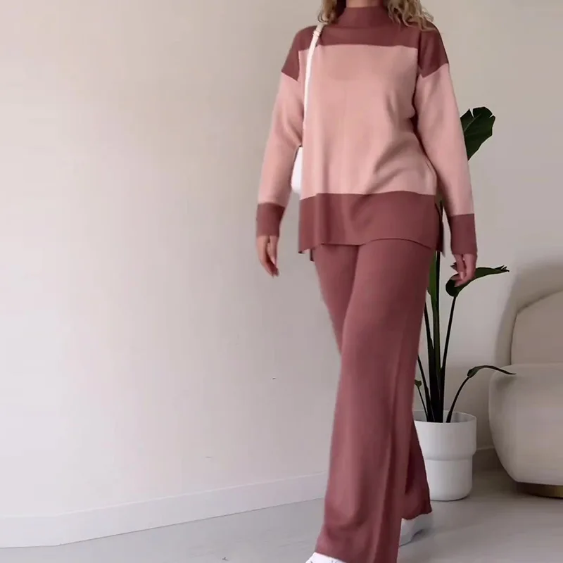 Two Piece Sets Fashionable Color Blocked Top Loose and Versatile Wide Leg Pants Suits Autumn Winter Daily Commute Simple Outfits